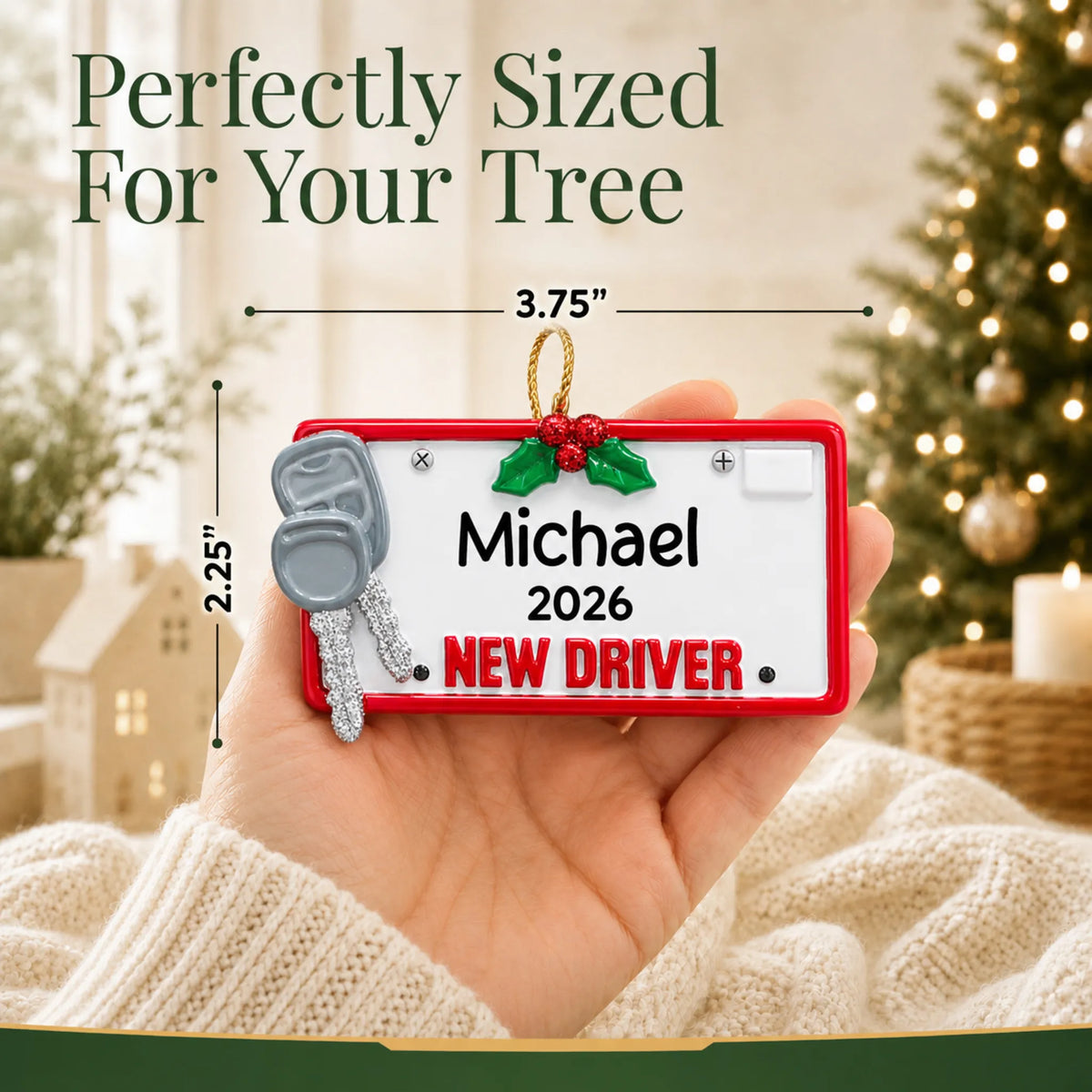 Size guide: the personalized new driver license plate christmas ornament shown in hand next to a Christmas tree