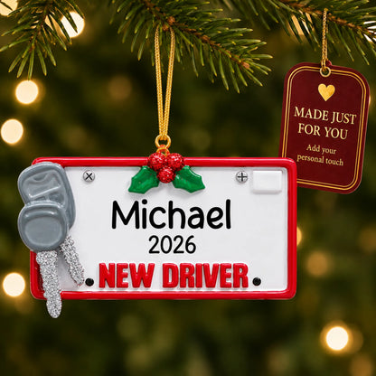 New driver license plate christmas ornament hanging on a lit Christmas tree with a Made Just For You gift tag