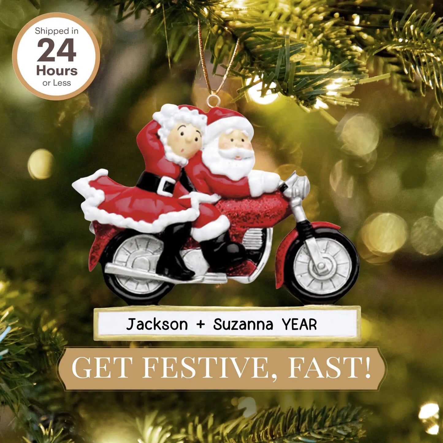 Santa Couple Motorcycle Christmas Ornament
