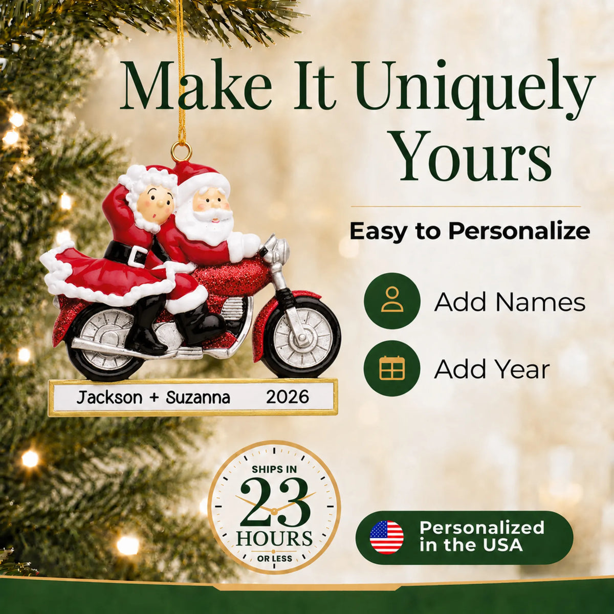 Make it yours: add names to the personalized santa couple motorcycle christmas ornament