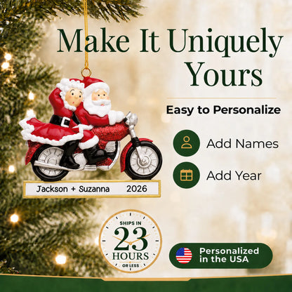 Make it yours: add names to the personalized santa couple motorcycle christmas ornament