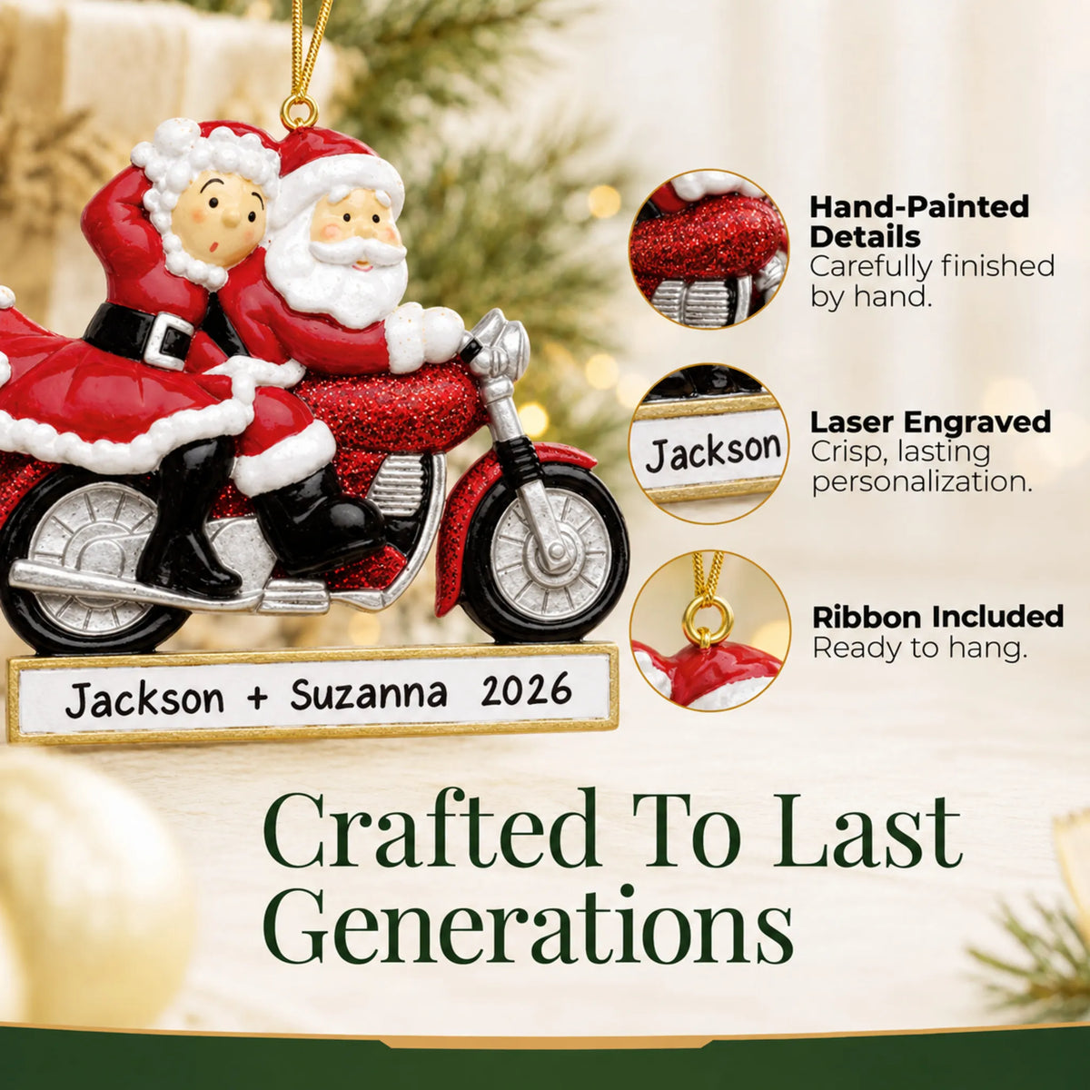 Hand-painted details and laser engraved personalization on the santa couple motorcycle christmas ornament, ribbon included