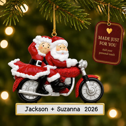 Santa couple motorcycle christmas ornament hanging on a lit Christmas tree with a Made Just For You gift tag