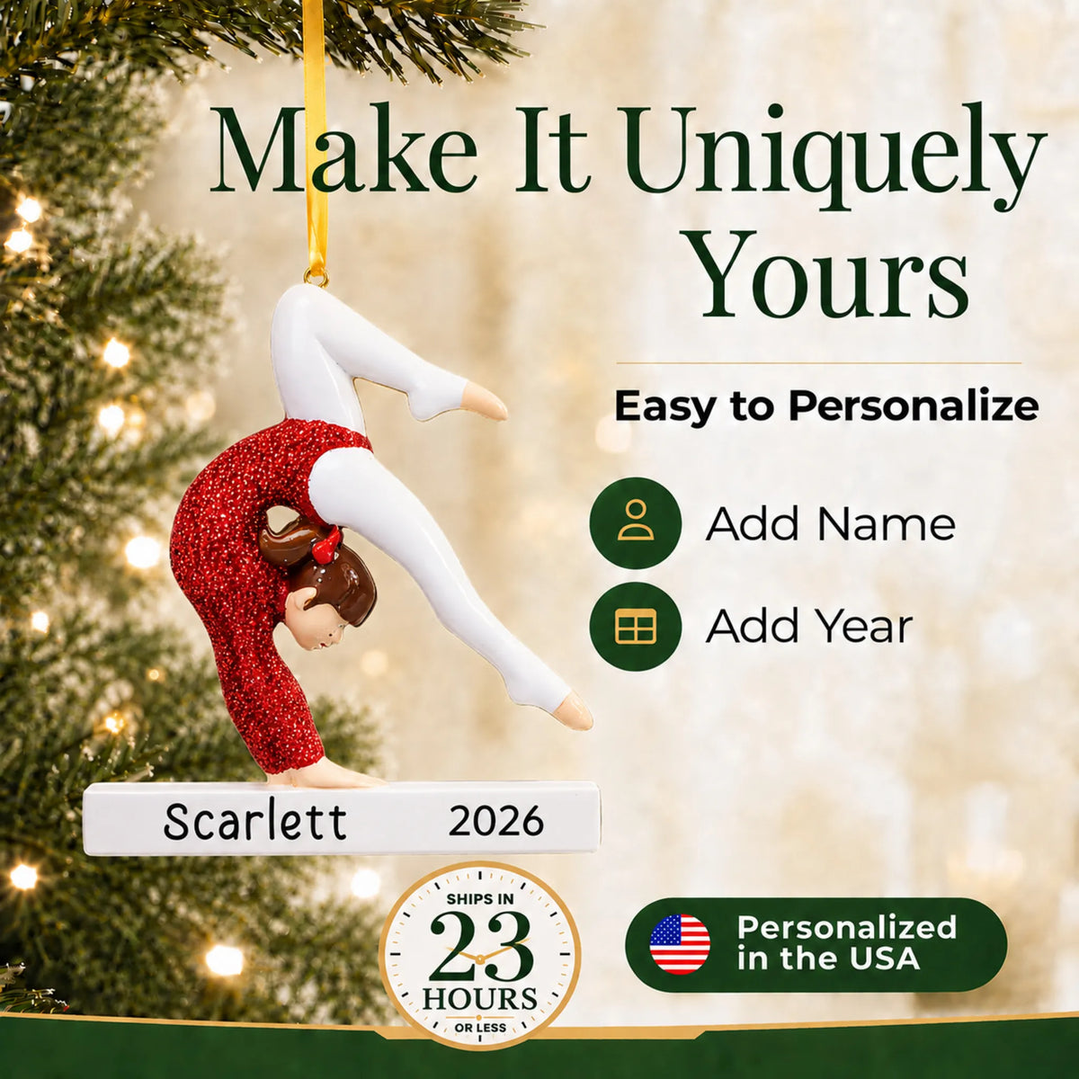 Make it yours: add name and year to the personalized red glitter gymnastics girl christmas ornament
