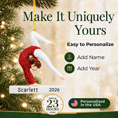 Make it yours: add name and year to the personalized red glitter gymnastics girl christmas ornament