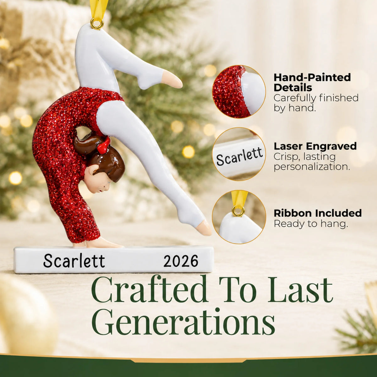 Hand-painted, laser engraved red glitter gymnastics girl christmas ornament, ribbon included