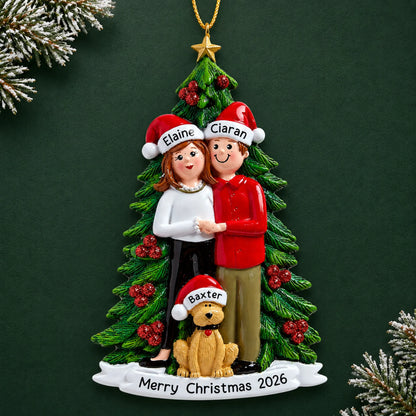 Personalized couple with dog christmas ornament on a dark green pine background