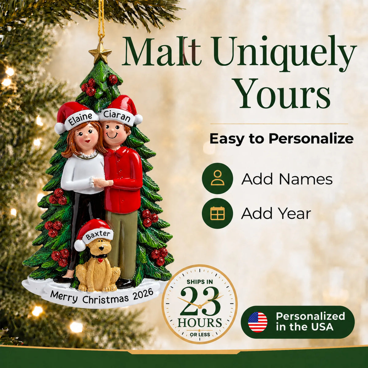 Make it yours: add names to the personalized couple with dog christmas ornament