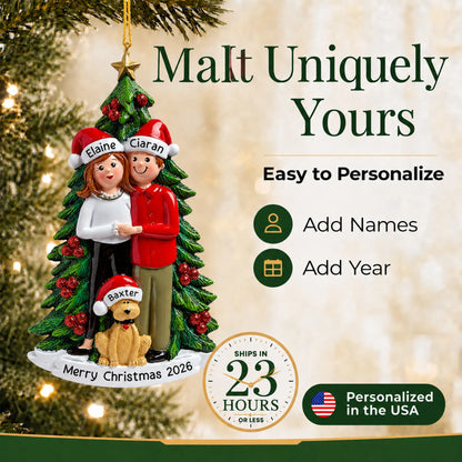 Make it yours: add names to the personalized couple with dog christmas ornament