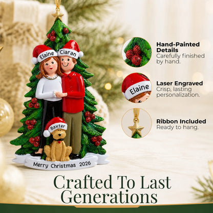 Hand-painted details and laser engraved personalization on the couple with dog christmas ornament, ribbon included