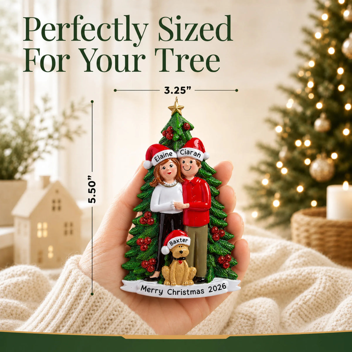 Size guide: the personalized couple with dog christmas ornament is 3.25 in wide by 5.50 in tall, shown in hand