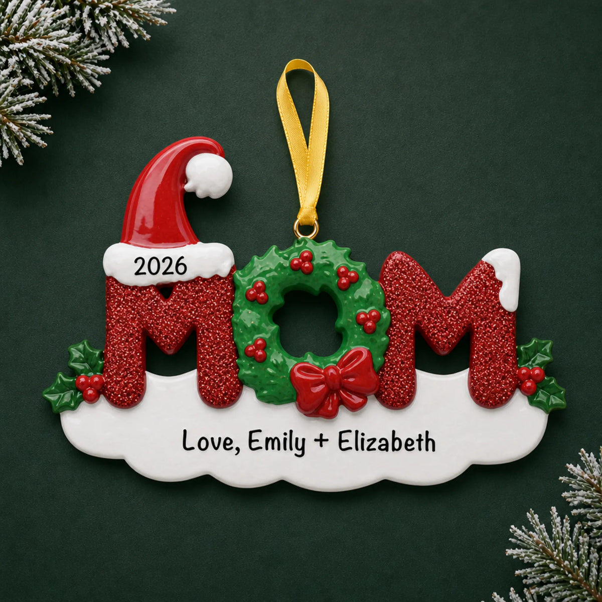 Personalized mom christmas ornament on a dark green pine background