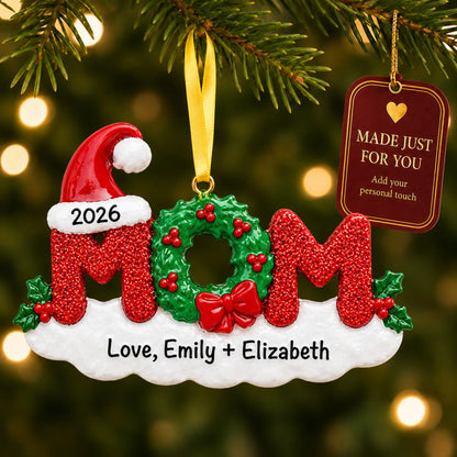 Mom christmas ornament hanging on a lit Christmas tree with a Made Just For You gift tag