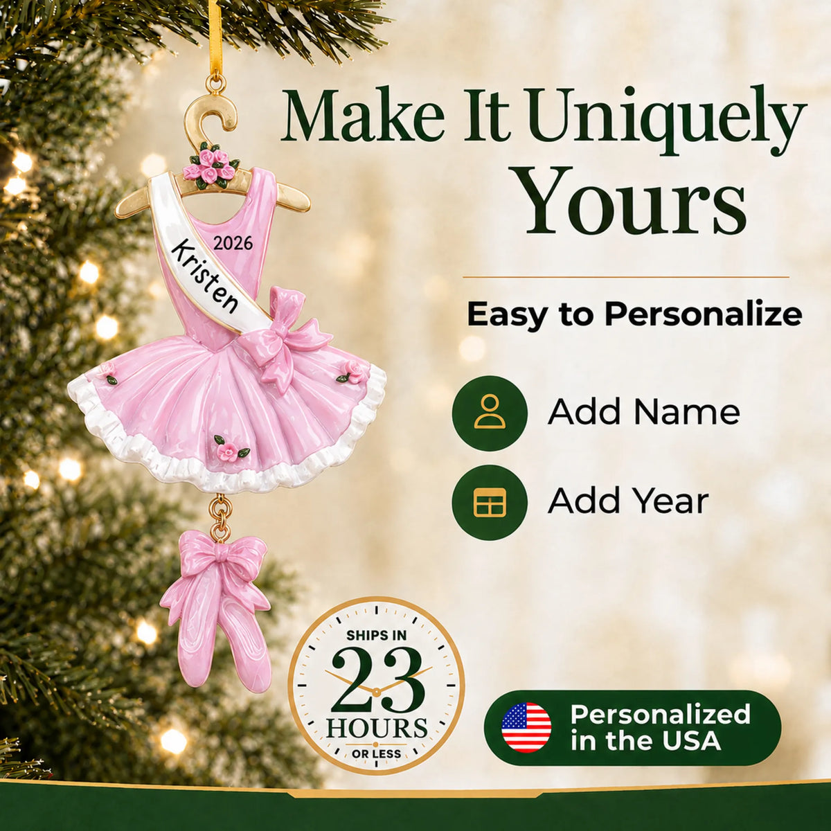 Make it yours: add name and year to the personalized pink ballerina dress christmas ornament
