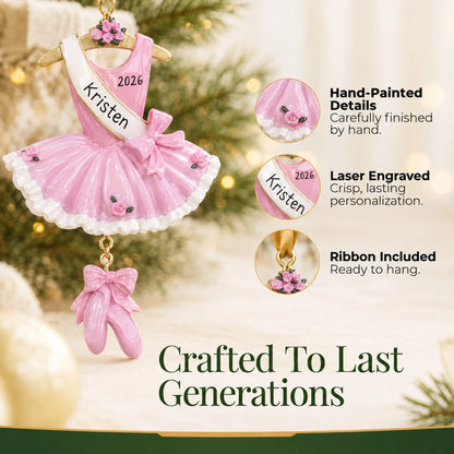 Hand-painted details and laser engraved personalization on the pink ballerina dress christmas ornament, ribbon included