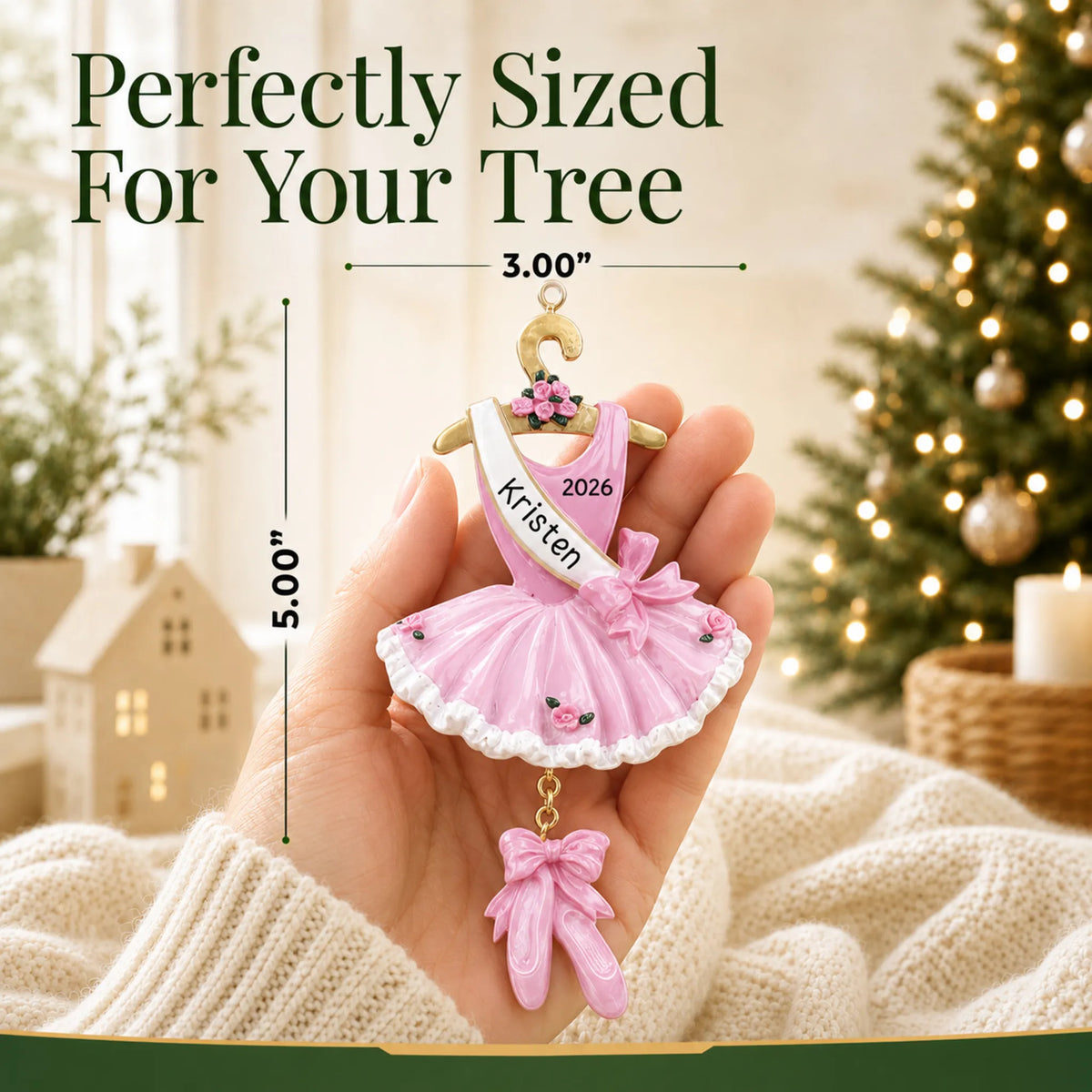 Size guide: the personalized pink ballerina dress christmas ornament is 3.00 in wide by 5.00 in tall, shown in hand