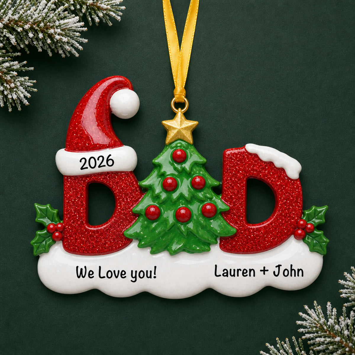 Personalized dad christmas ornament on a dark green pine background