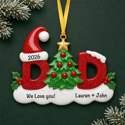 Personalized dad christmas ornament on a dark green pine background