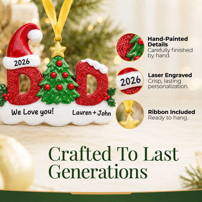 Hand-painted details and laser engraved personalization on the dad christmas ornament, ribbon included
