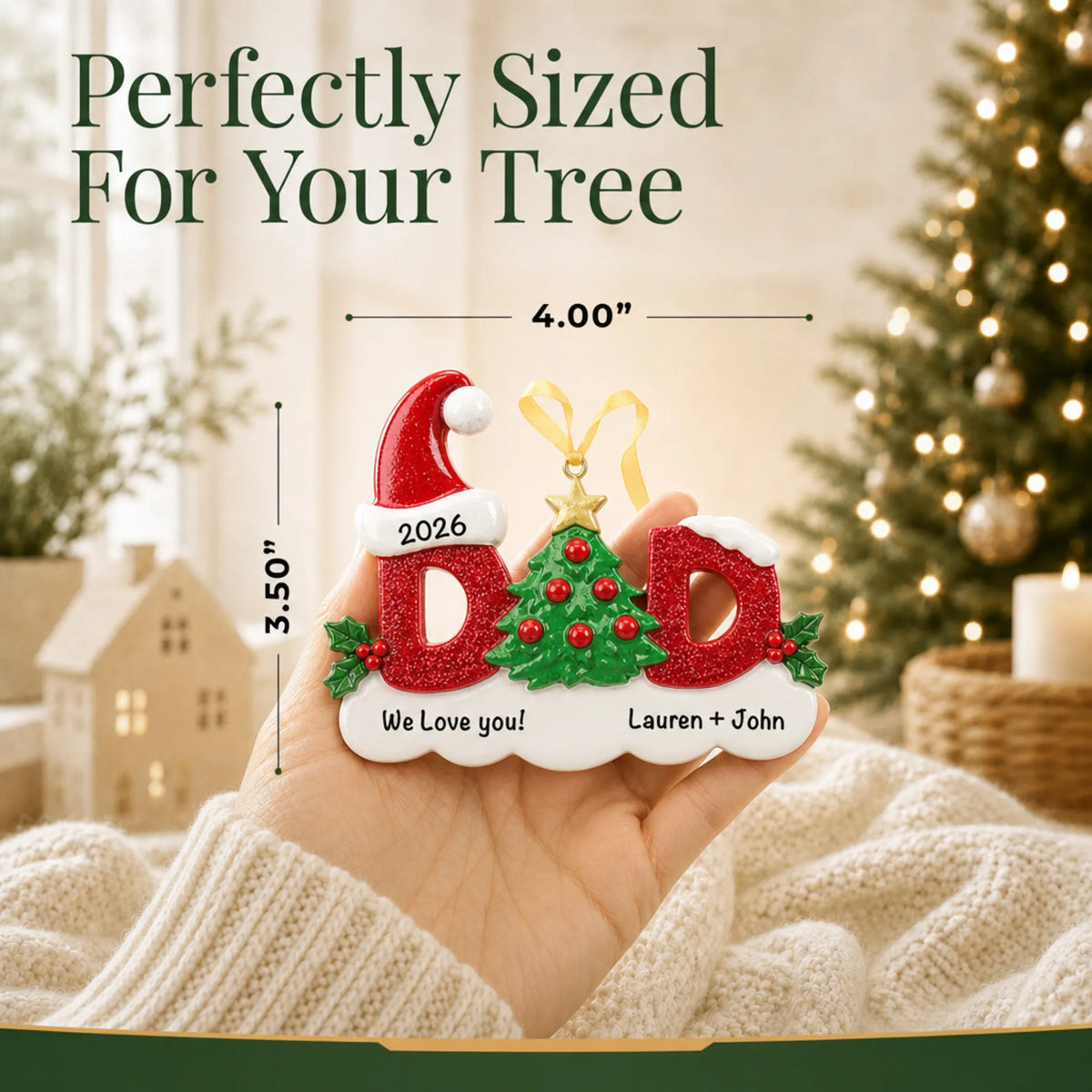 Size guide: the personalized dad christmas ornament is 4.00 in wide by 3.50 in tall, shown in hand