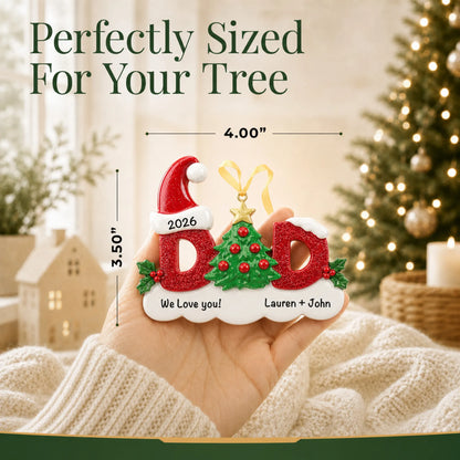 Size guide: the personalized dad christmas ornament is 4.00 in wide by 3.50 in tall, shown in hand