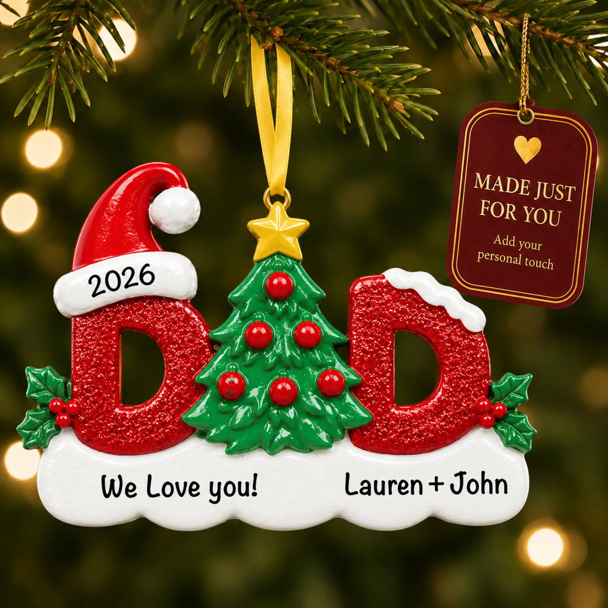 Dad christmas ornament hanging on a lit Christmas tree with a Made Just For You gift tag