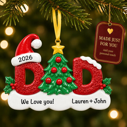Dad christmas ornament hanging on a lit Christmas tree with a Made Just For You gift tag