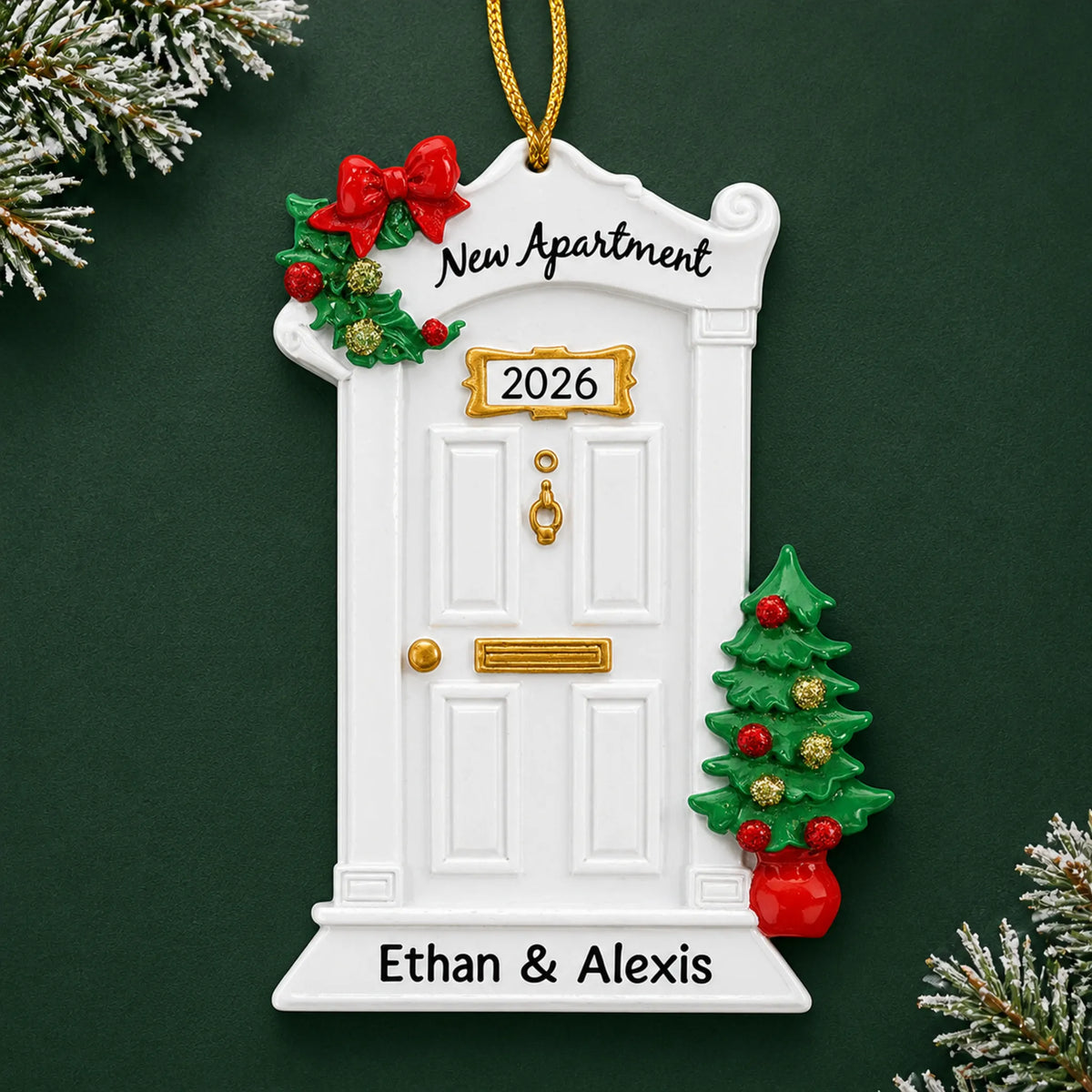 Personalized New Apartment christmas ornament on a dark green pine background
