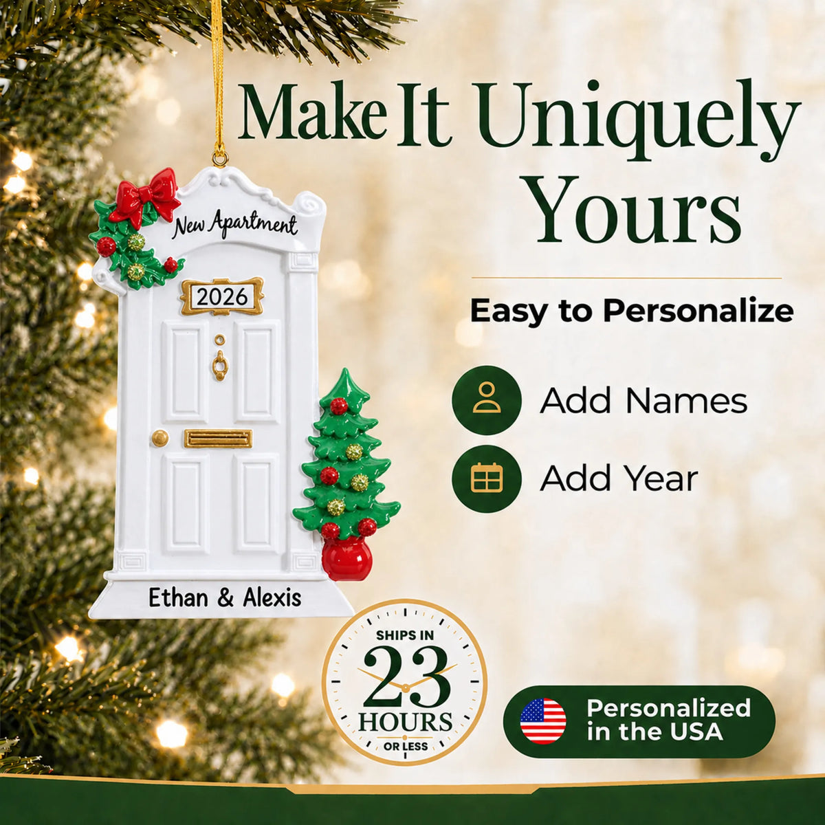Make it yours: personalize the New Apartment christmas ornament with a name and the year