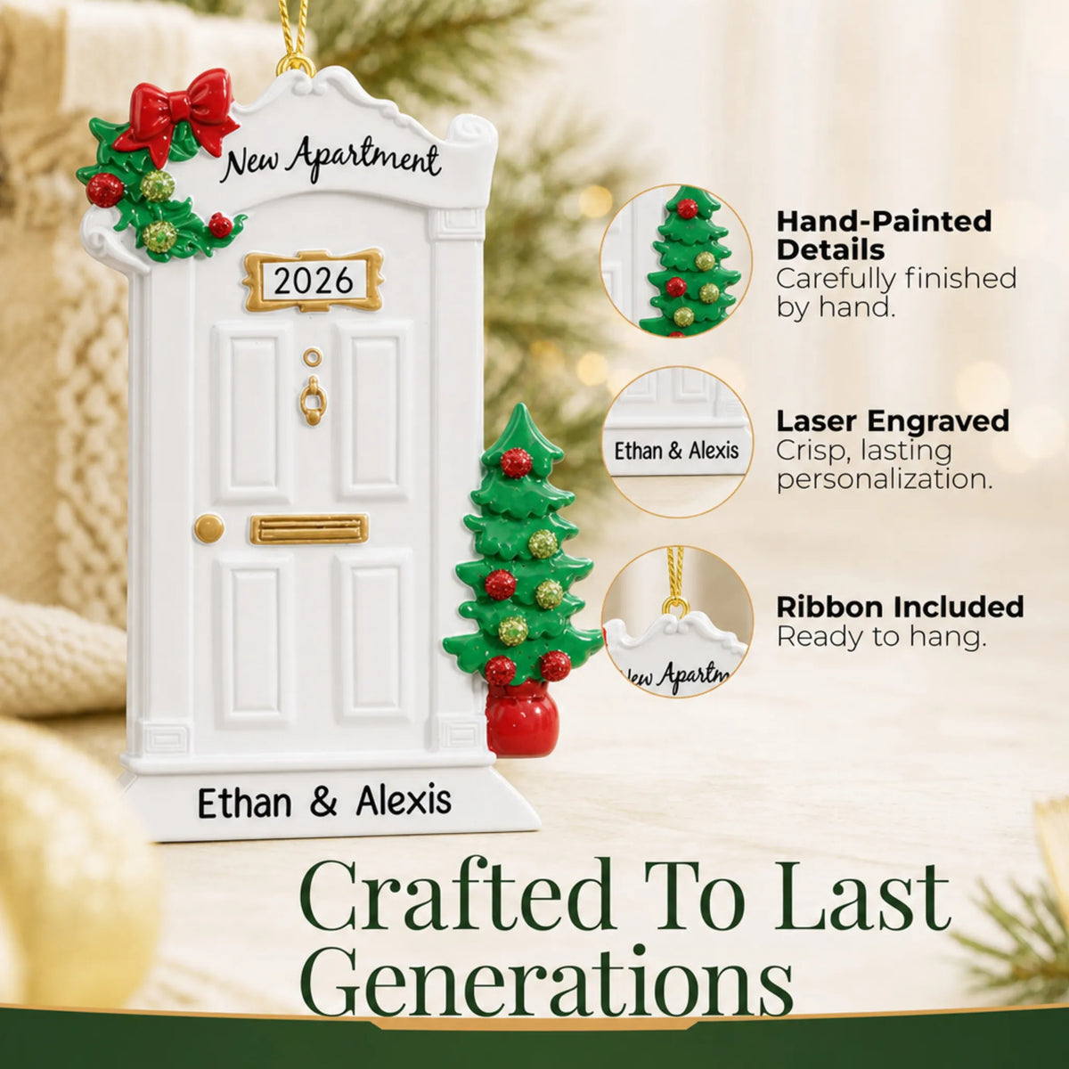 Hand-painted, laser engraved New Apartment christmas ornament, ribbon included