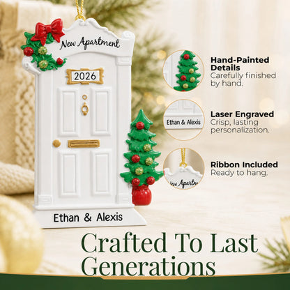 Hand-painted, laser engraved New Apartment christmas ornament, ribbon included