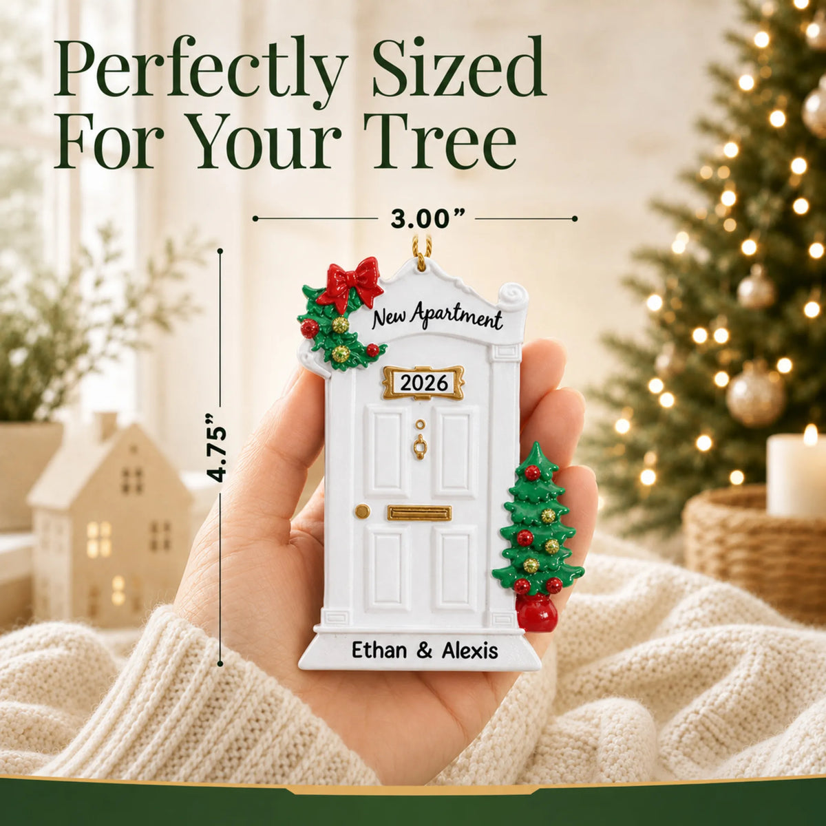 Size guide: the personalized New Apartment christmas ornament is 3.00 in wide by 4.75 in tall, shown in hand