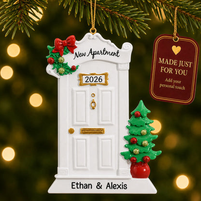 New Apartment christmas ornament hanging on a lit Christmas tree with a Made Just For You gift tag