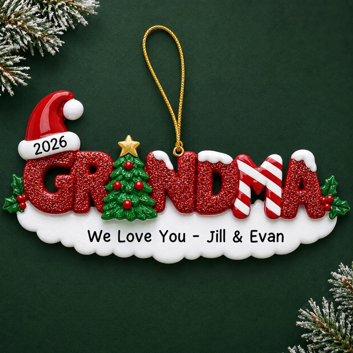 Personalized grandma christmas ornament on a dark green pine background