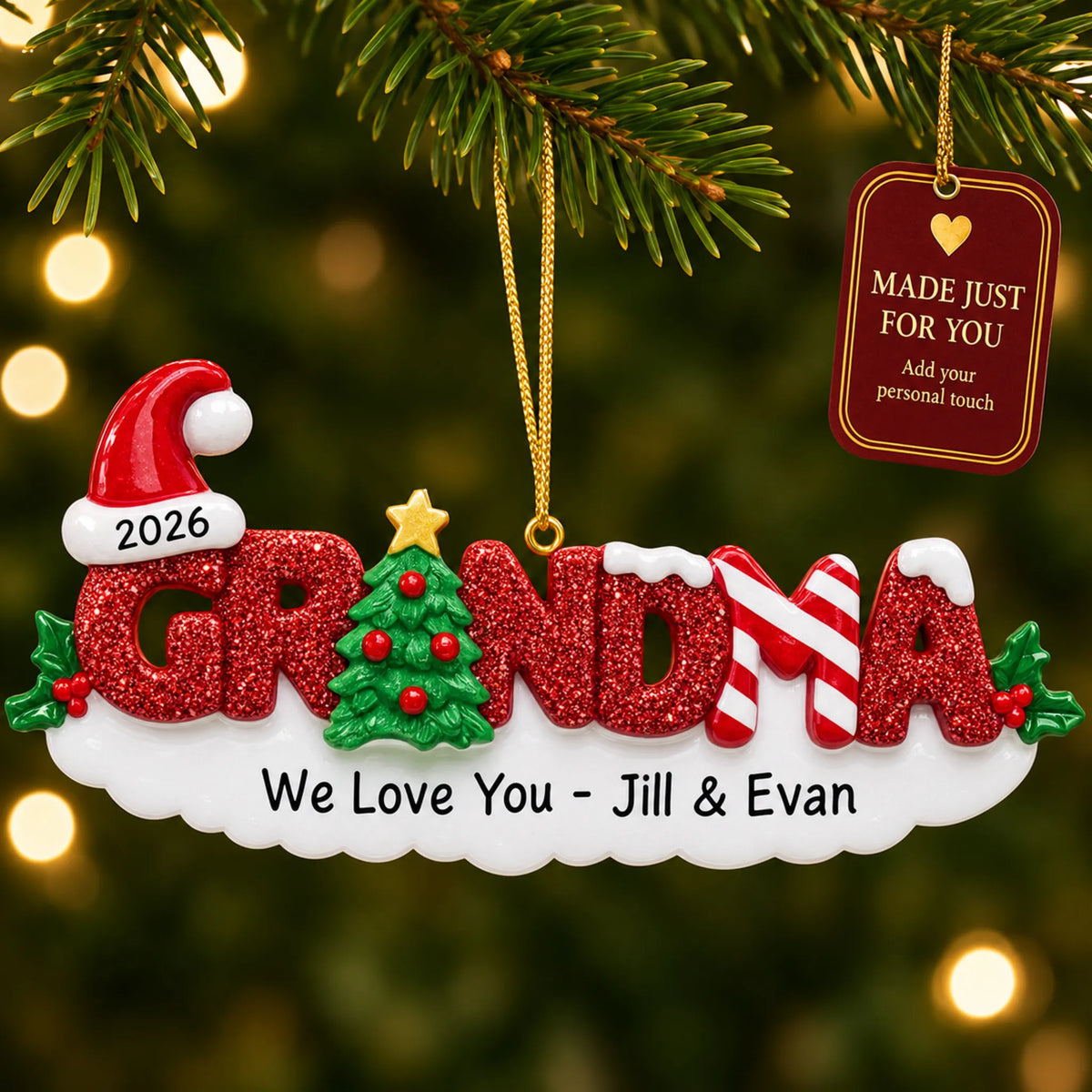 Grandma christmas ornament hanging on a lit Christmas tree with a Made Just For You gift tag