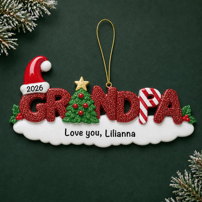 Personalized grandpa christmas ornament on a dark green pine background