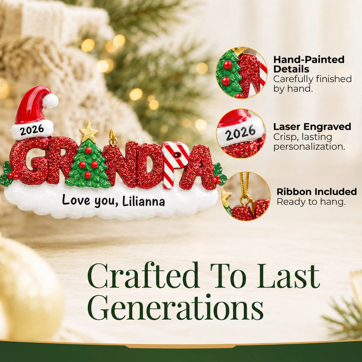 Hand-painted details and laser engraved personalization on the grandpa christmas ornament, ribbon included