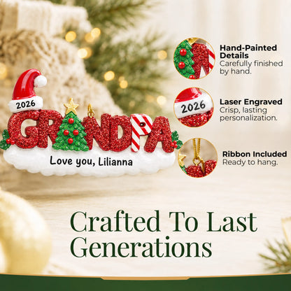 Hand-painted details and laser engraved personalization on the grandpa christmas ornament, ribbon included