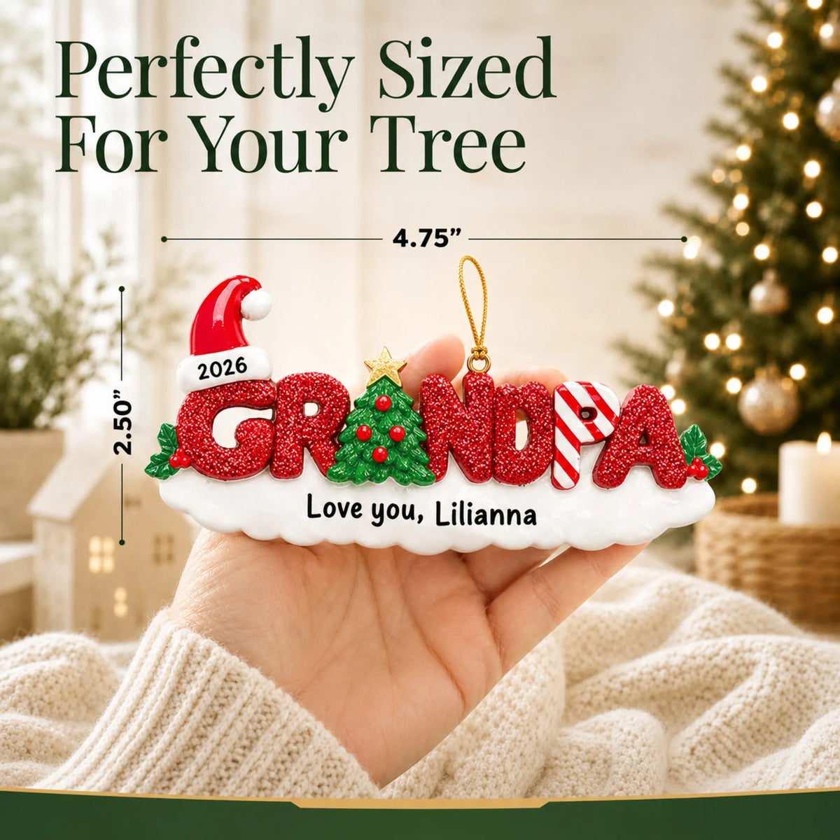 Size guide: the personalized grandpa christmas ornament is 4.75 in wide by 2.50 in tall, shown in hand
