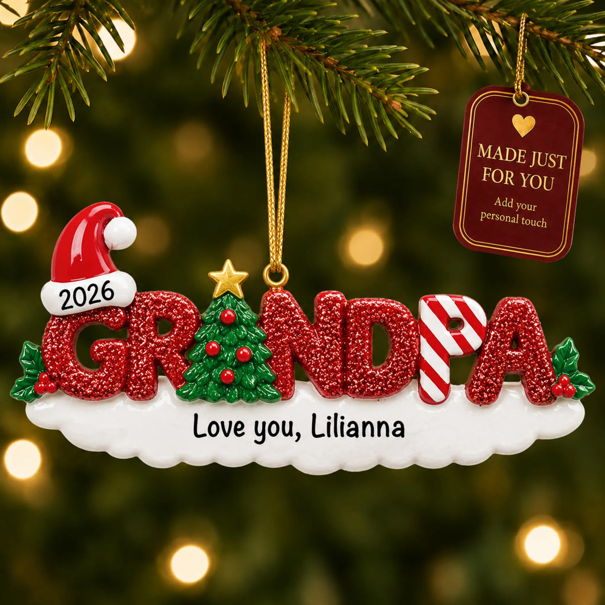 Grandpa christmas ornament hanging on a lit Christmas tree with a Made Just For You gift tag