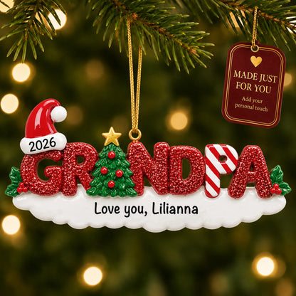 Grandpa christmas ornament hanging on a lit Christmas tree with a Made Just For You gift tag