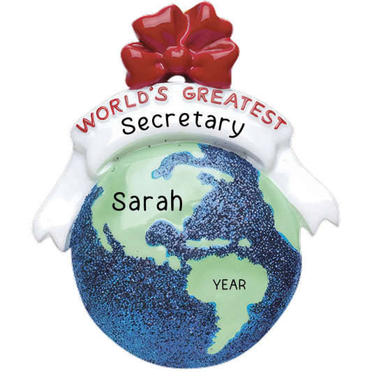 A personalized Christmas ornament featuring a globe with a red bow on top, and the text 'World's Greatest Secretary'. The ornament includes customizable text for name and year.