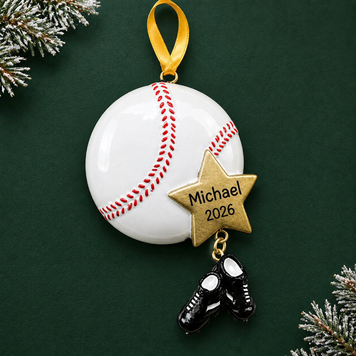 Personalized baseball star christmas ornament on a dark green pine background