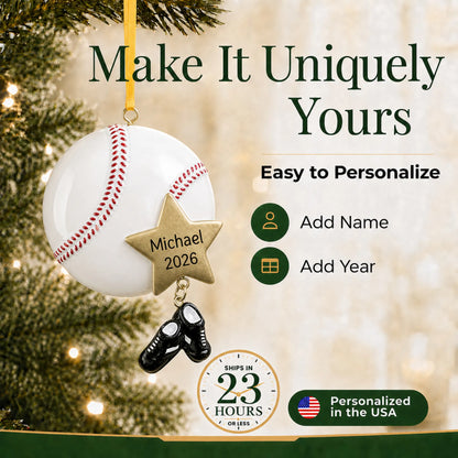 Make it yours: add name and year to the personalized baseball star christmas ornament