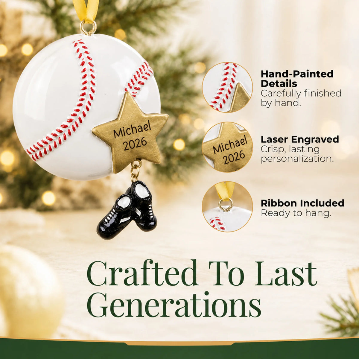 Hand-painted details and laser engraved personalization on the baseball star christmas ornament, ribbon included