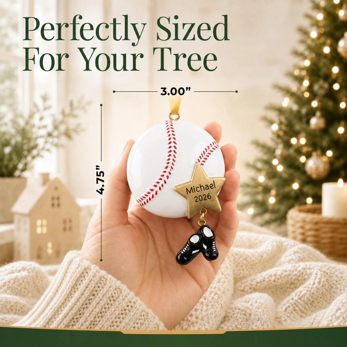 Size guide: the personalized baseball star christmas ornament is 3.00 in wide by 4.75 in tall, shown in hand