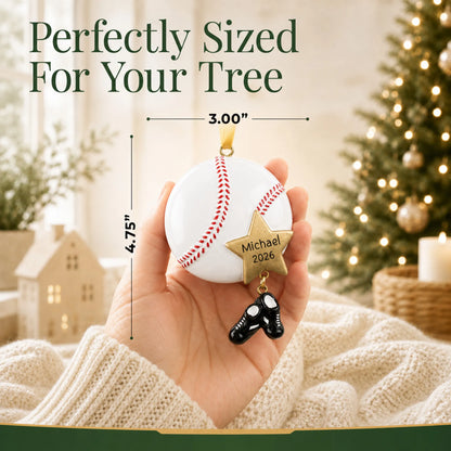 Size guide: the personalized baseball star christmas ornament is 3.00 in wide by 4.75 in tall, shown in hand