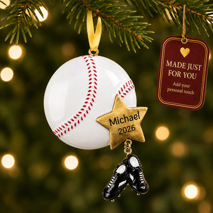 Baseball star christmas ornament hanging on a lit Christmas tree with a Made Just For You gift tag