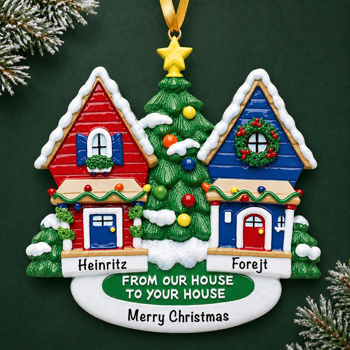 Personalized Neighbor House christmas ornament on a dark green pine background
