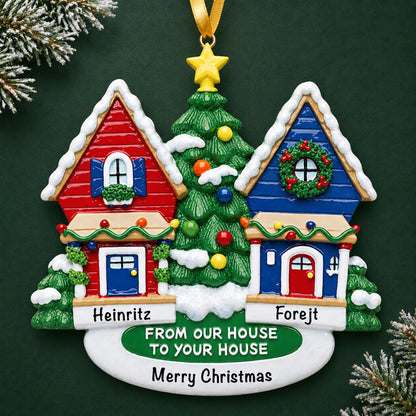 Personalized Neighbor House christmas ornament on a dark green pine background